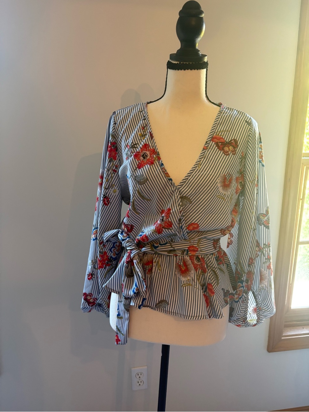 Fashion Nova Striped Wrap Blouse with Red Floral Print